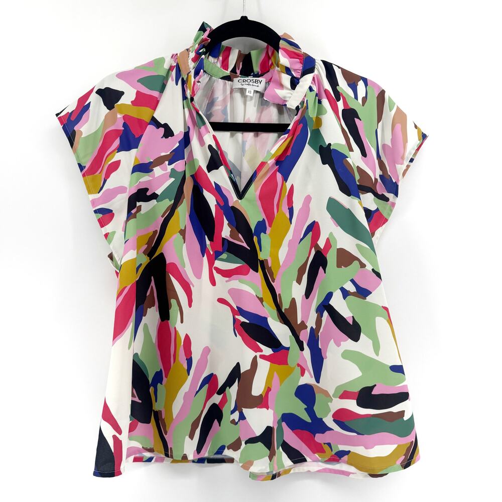CROSBY by Mollie Burch Fritzy Top Colorful Blouse Size XS Abstract Print Ruffle